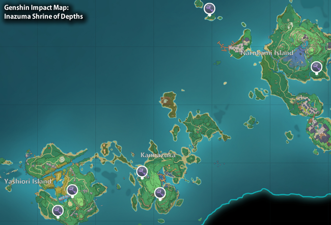A map that shows where all of the Inazuma region Shrine of Depths are located.