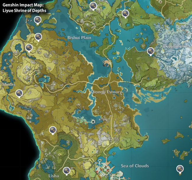A map showing where all of the Shrine of Depths are in the Liyue region.