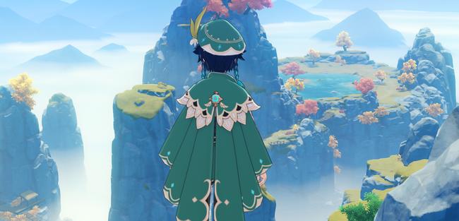 Venti, who is great for Genshin Impact open world exploration, looking out over Liyue's mountains.
