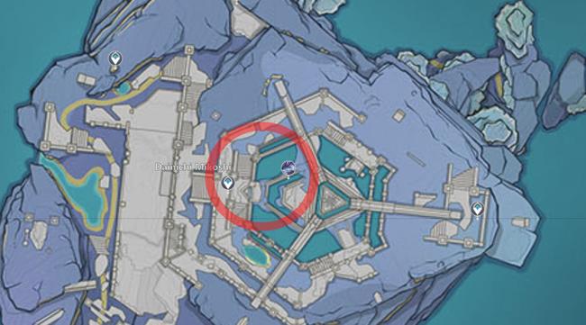 The underground location of Perpetual Mechanical Array circled on a map of Inazuma.
