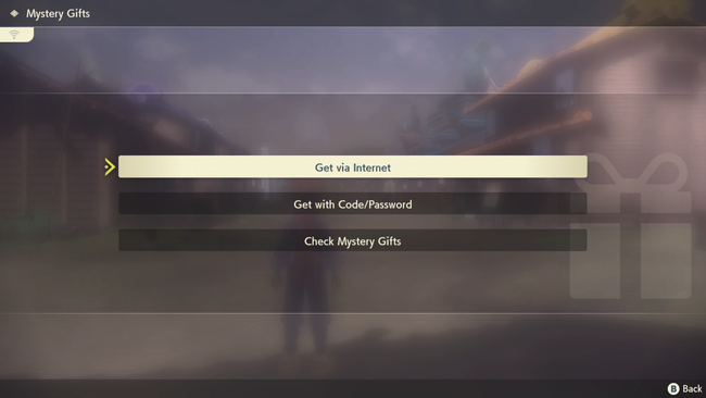 The Mystery Gift Menu, used to input gift codes & passwords, from Pokemon Legends Arceus.