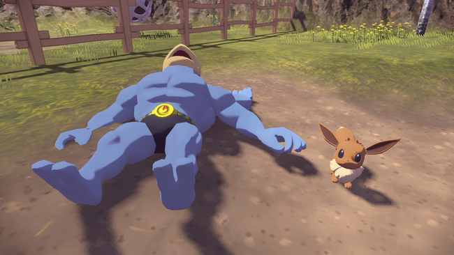 A friendly Machamp with Eevee, a Pokemon that has friendship-based evolutions.
