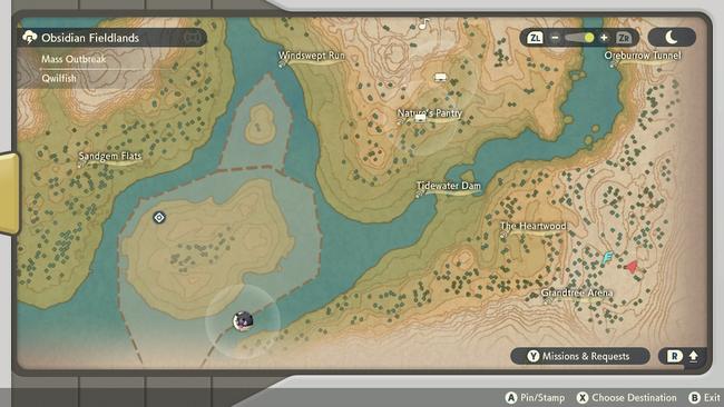 Scyther's location reflected on the Pokemon Legends Arceus map.
