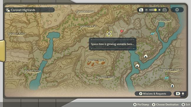 An incoming Space-Time Distortion, as marked on the in-game map.