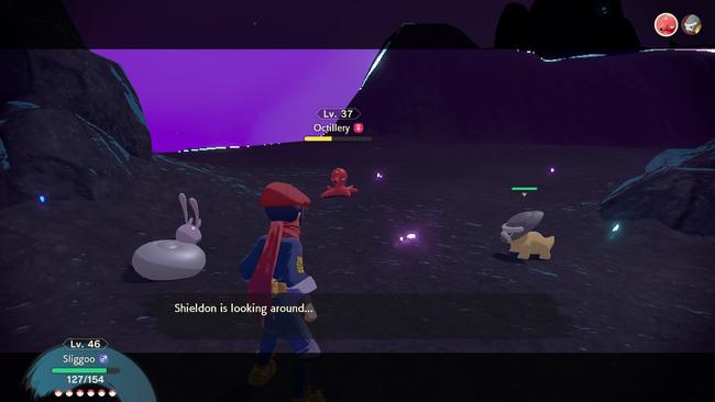 A Shieldon found within a Space-Time Distortion, with an Octillery caught between the crosshairs.