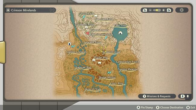 A potential spawn location for Bonsly in the Cloudpool Ridge in the Crimson Mirelands, as per the in-game map.