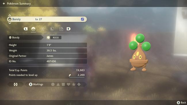 A Bonsly, one of Pokemon Legends: Arceus' rare Baby Pokemon.