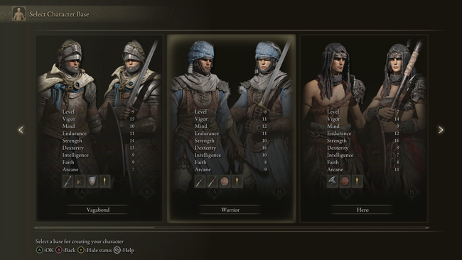 The Origin or Class Selection screen in Elden Ring, where players choose a starting character.