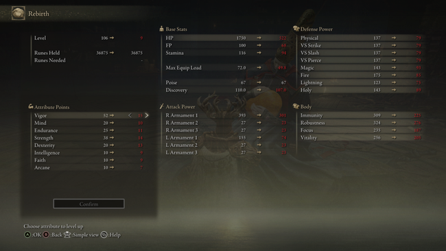 The respec screen in Elden Ring. To reach it, you'll need to hand over a Larval Tear item.