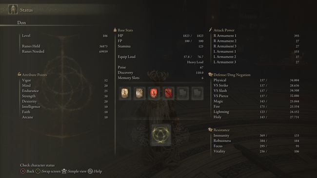 The character information screen in Elden Ring, displaying the current level of all stats and character attributes.
