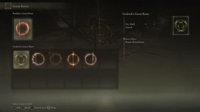 The screen that allows you to equip and use Great Runes in Elden Ring.