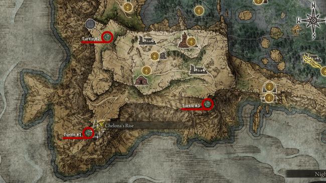 A map showing the locations of the three Great Wise Beasts to unlock Chelona's Rise.