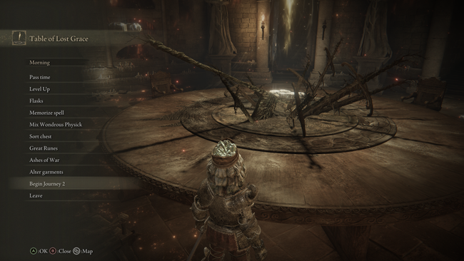 The New Game Plus option, aka 'Begin Journey 2', is added to the Roundtable Hold Site of Grace in Elden Ring.
