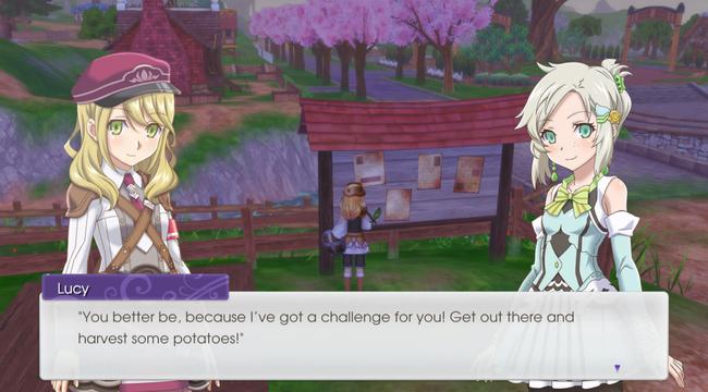 Lucy in Rune Factory 5 as she assigns you a task board request to add more seeds to the shop.