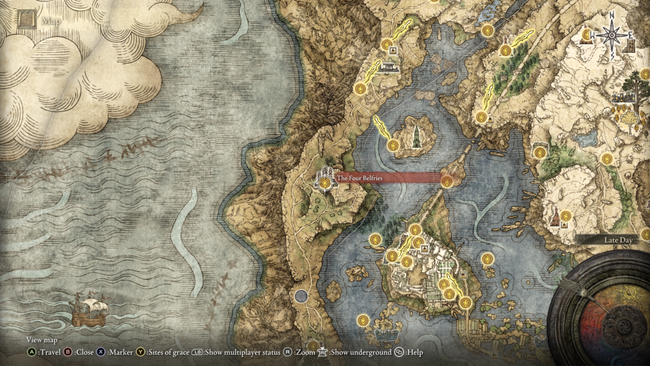 The location of The Four Belfries in Elden Ring's Liurnia.