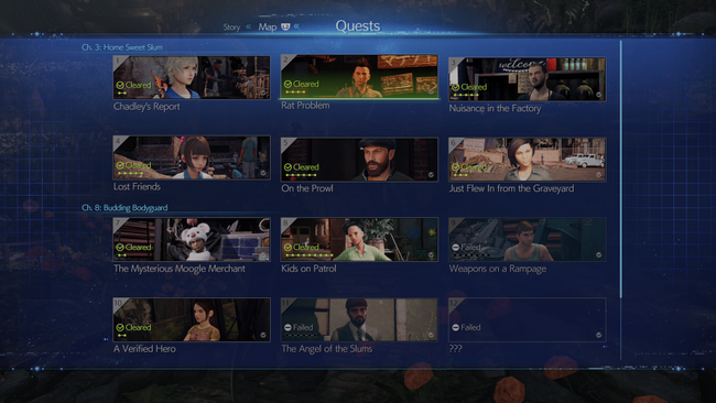 The quest log of FF7 Remake tracks the game's many side quests, which crop up in certain chapters of the story.