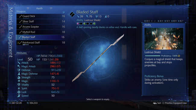 While it doesn't change her move set, the Bladed Staff gives Aerith a melee-looking bladed weapon.