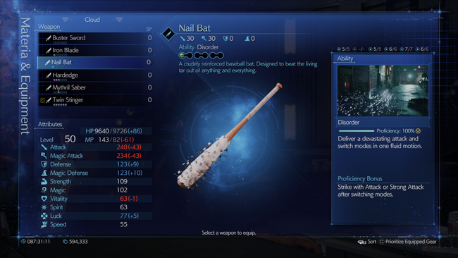 Cloud's not all about swords - he can bust heads open with the Nail Bat weapon.