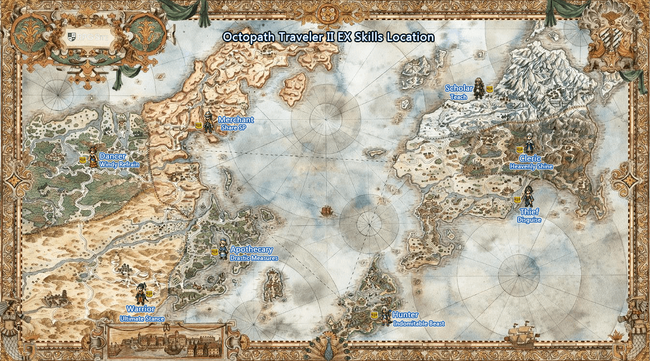 A map of the world of Octopath Traveler 2, revealing the location to unlock all EX Skills.