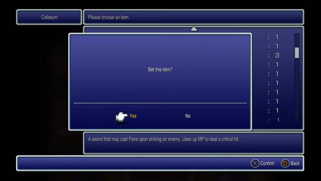 If you choose to bet an item, there's a chance you'll lose it. However, win the FF6 Coliseum battle and you'll get an even better item most of the time.