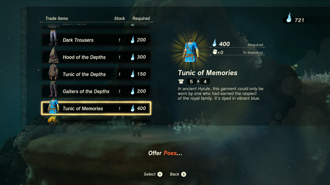 You can exchange Poes with the statues in the depths to get the Tunic - but you'll need them to unlock it first.