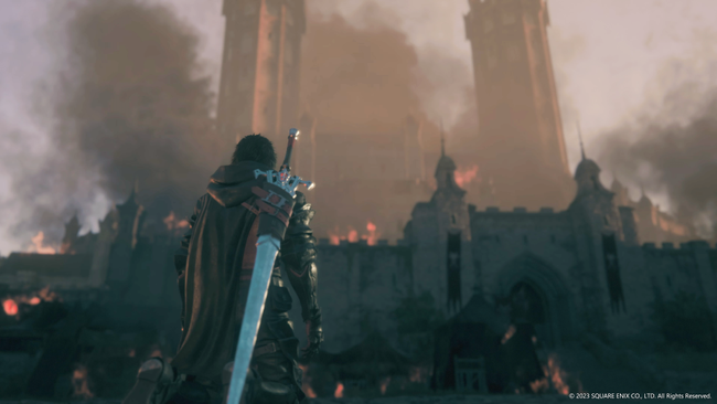 A screenshot of Final Fantasy XVI; Clive Rosfield stands in front of a burning citadel.