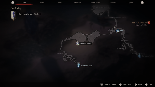 A map showing where to find The Hand of Rhea, the Shiva Chronolith Trial stone in FF16.
