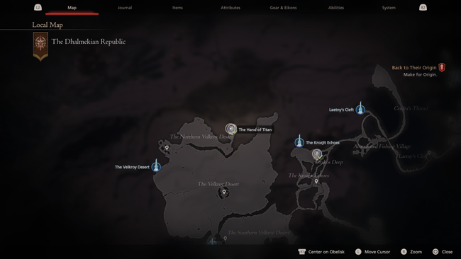 A map showing the location of the Titan Chronolith in Dhalmekia's Desert.