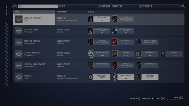 Crew Skills are always listed on your crew page - so you can come back and review available crewmen and skills at any time.