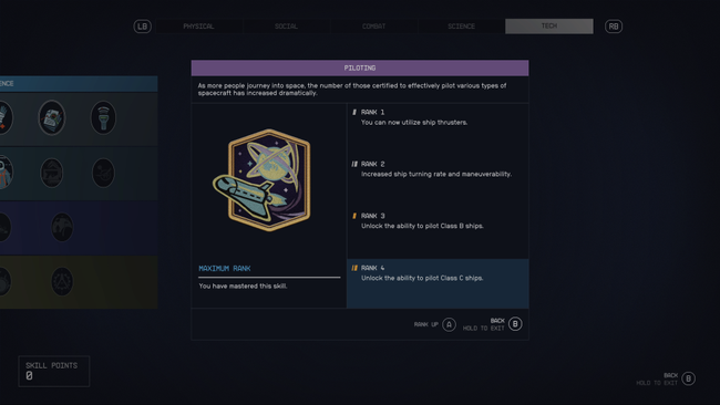 To pilot Class B and Class C ships, you'll need to invest in the piloting skill.