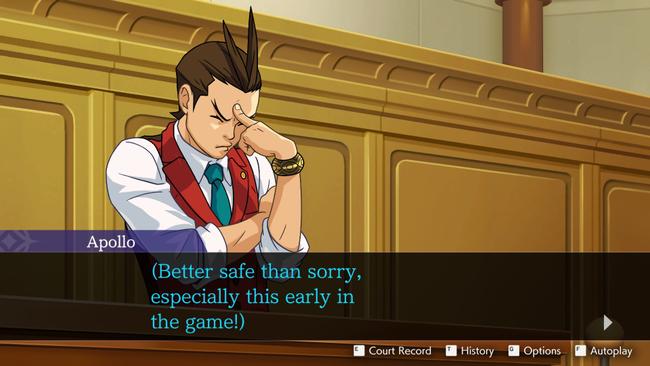 Apollo Justice on the stand in the first case of his game, detailed in this walkthrough guide.