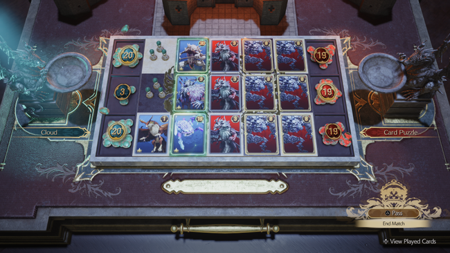 The Curse of the Gi card carnival challenge in FF7 Rebirth requires a mastery of buffing by destroying your own cards, as this puzzle solution demonstrates.