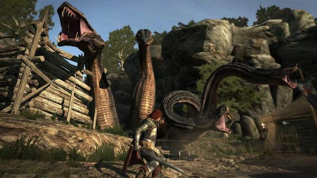 Battling a huge beast in Dragon's Dogma: Dark Arisen.